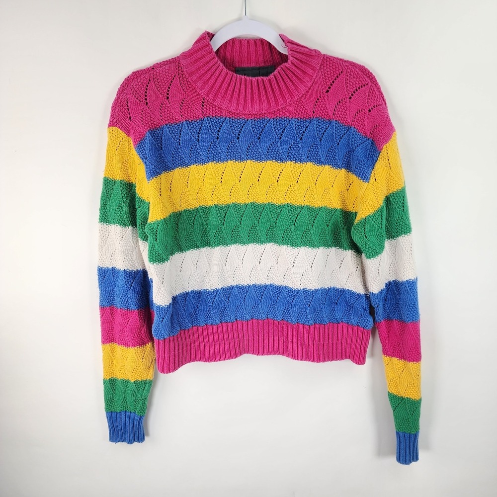Lizwear Sport Sweater Women's S Rainbow Stripe Knit Y2K 80's Primary Color Retro